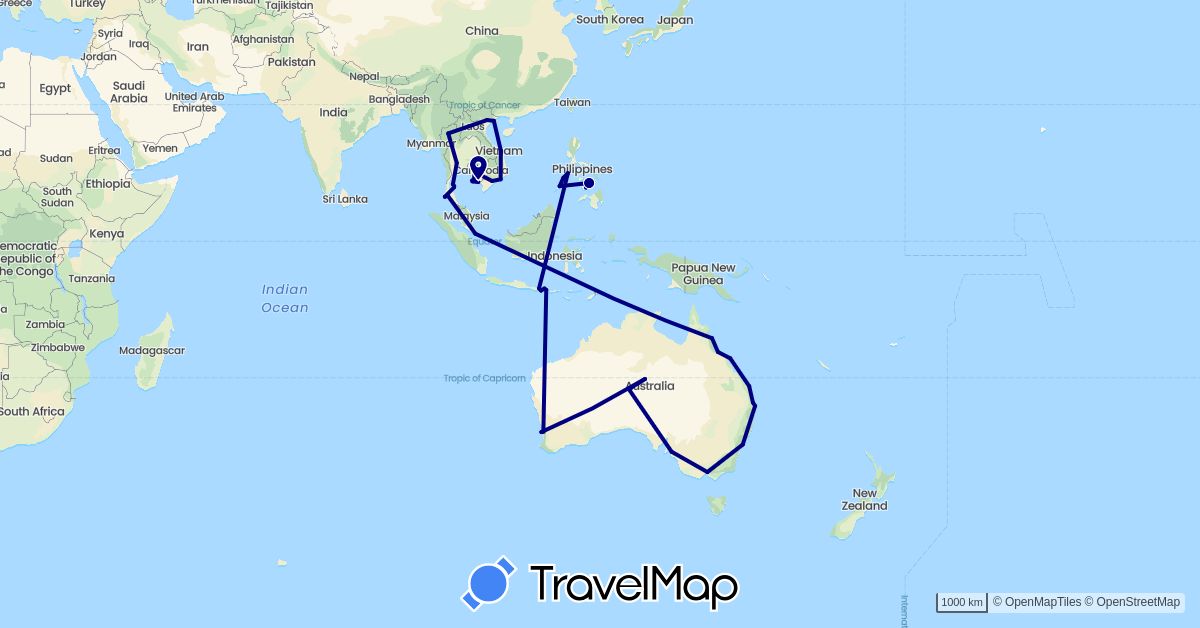 TravelMap itinerary: driving in Australia, Indonesia, Cambodia, Philippines, Singapore, Thailand, Vietnam (Asia, Oceania)